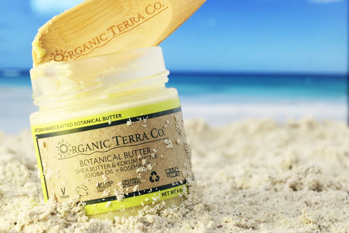 ORGANIC TERRA CO.® Butter jar in sand with bamboo spoon