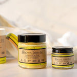 Organic Terra Co. Botanical Butter — Shea & Kokum, shown in three sizes with raw shea butter on white marble.