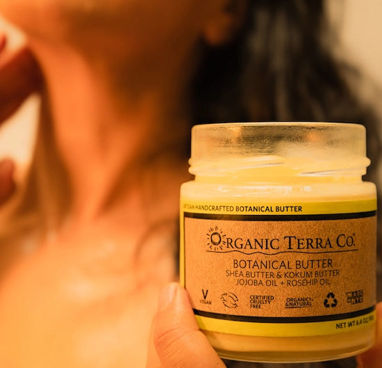 ORGANIC TERRA CO. ® woman applying
Botanical Butter with shea butter kokum butter jojoba and rosehip oil