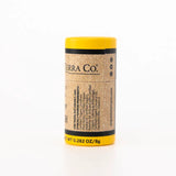 Back label of ORGANIC TERRA CO.® Botanical Lip Balm showing fair trade sustainably and ethically sourced certified organic ingredients list