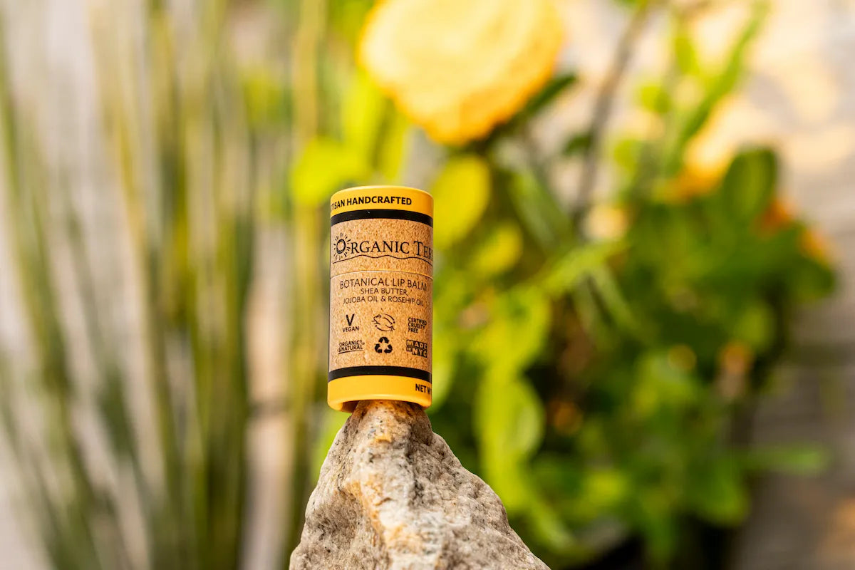ORGANIC TERRA CO.® Botanical Lip Balm tube balanced on natural rock surrounded by lush green plants and yellow flowers in botanical garden setting