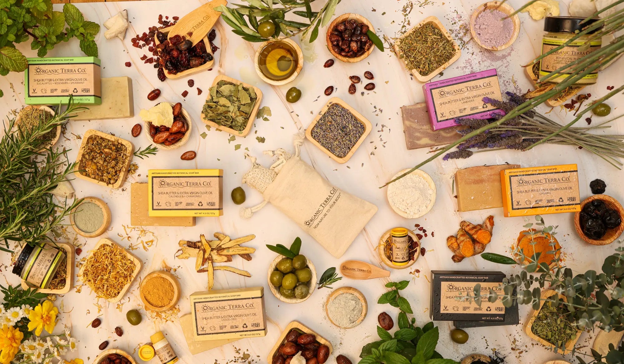 Organic Terra Co. botanical soap bundles — all six handcrafted soap bars, Botanical Butter, lip balm, and organic botanicals in a flat lay