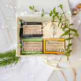 Organic Terra Co. Botanical Cleansing Trio in an open gift box with three handcrafted botanical soap bars
