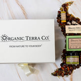 Organic Terra Co. Discovery Collection — white gift box with ribbon, botanical soap bar, 2.4 oz Botanical Butter and lip balm