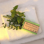ORGANIC TERRA CO.®Shea Butter Extra Virgin Olive Oil Eucalyptus Rosemary and Spearmint soap bar box on white folded towel with fresh eucalyptus rosemary and spearmint sprigs in warm light