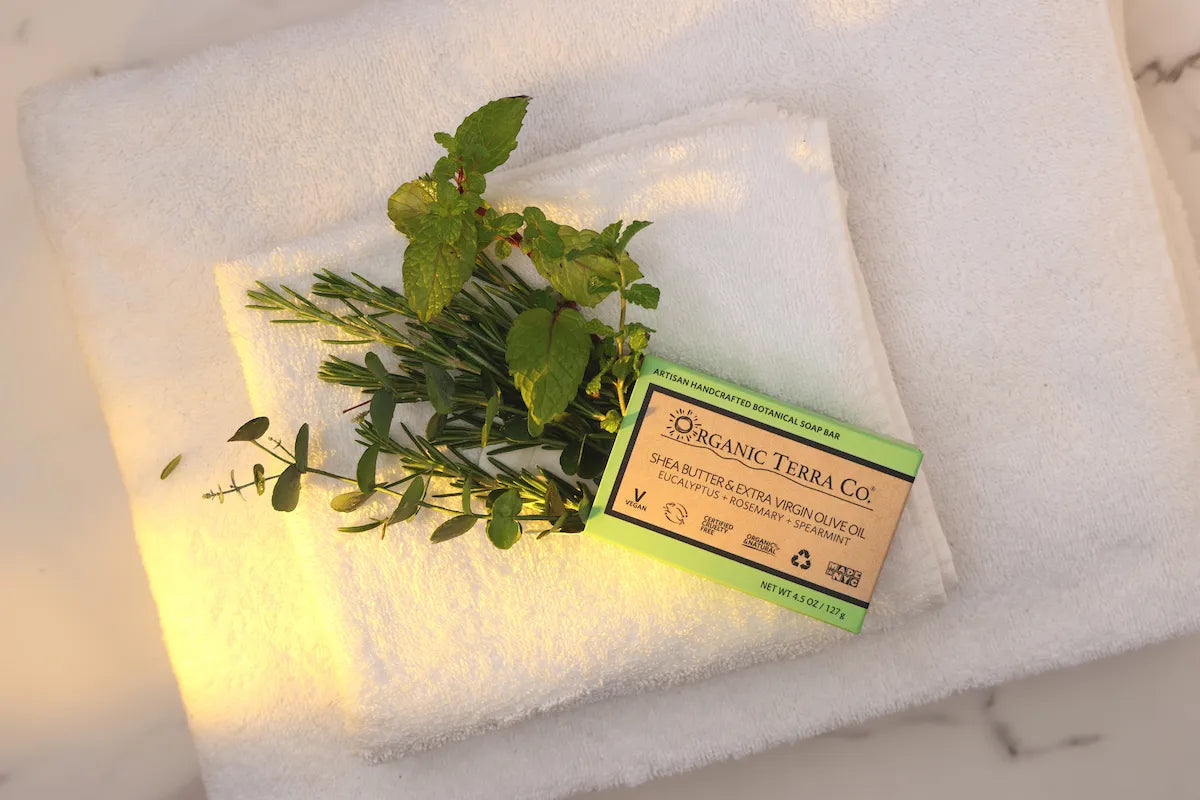 ORGANIC TERRA CO.®Shea Butter Extra Virgin Olive Oil Eucalyptus Rosemary and Spearmint soap bar box on white folded towel with fresh eucalyptus rosemary and spearmint sprigs in warm light