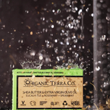 ORGANIC TERRA CO.®Shea Butter Extra Virgin Olive Oil Eucalyptus Rosemary and Spearmint soap bar box with dramatic water splash on dark background
