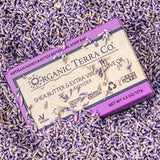 ORGANIC TERRA CO.®Shea Butter Extra Virgin Olive Oil Lavender soap bar box surrounded by and covered in dried lavender buds in overhead flatlay